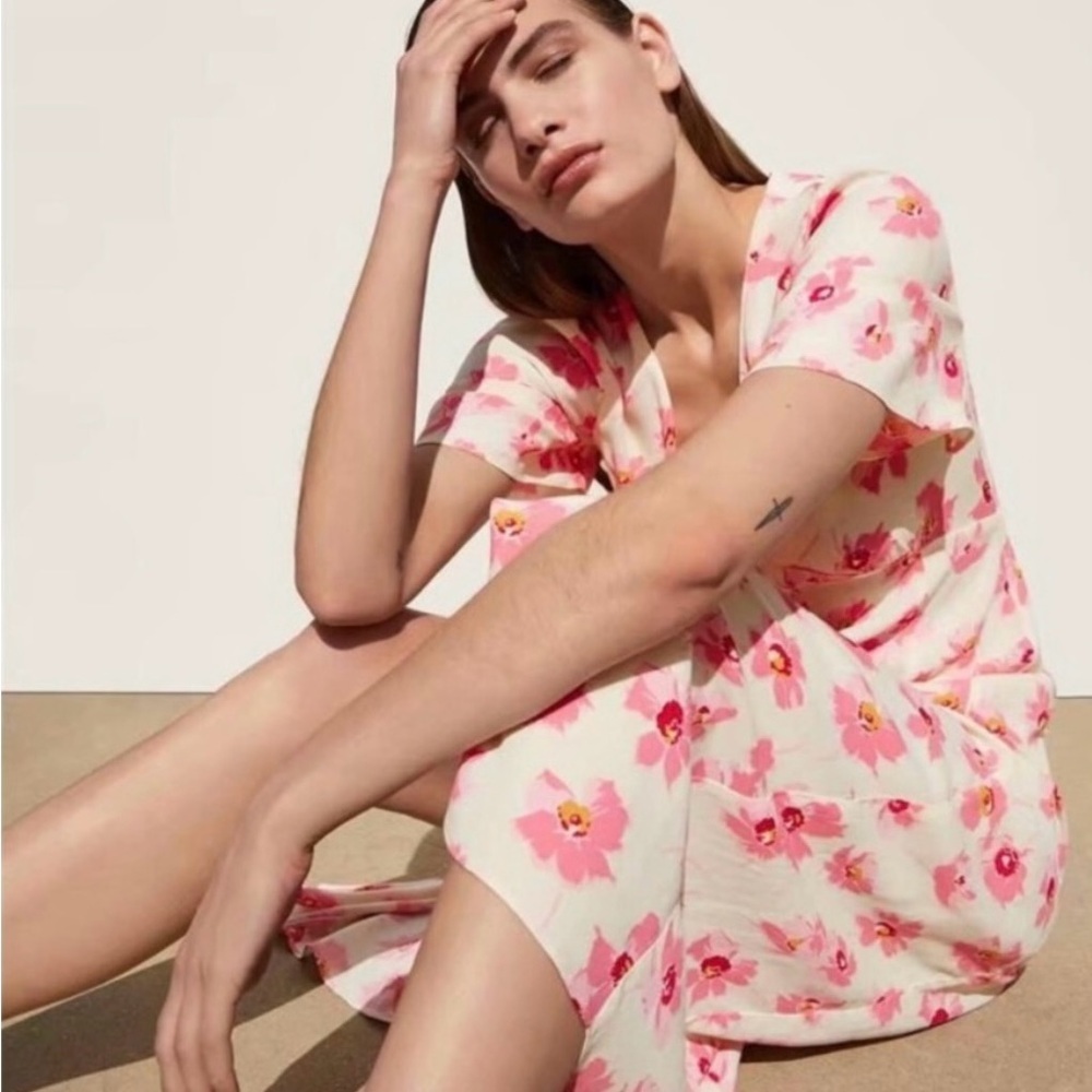 Zara Yellow Pink Floral Button Front Puff Sleeve Midi Dress Size M - Picture 3 of 16